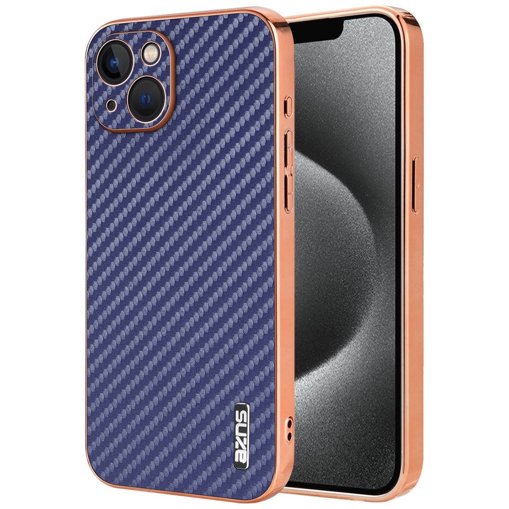 AZNS For iPhone 13 Case Electroplating Carbon Fiber Texture PU+TPU Phone Cover - Blue