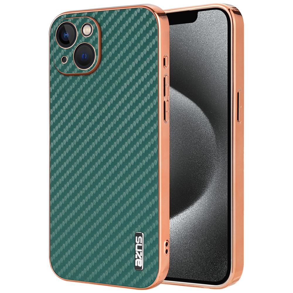 AZNS For iPhone 13 Case Electroplating Carbon Fiber Texture PU+TPU Phone Cover - Green