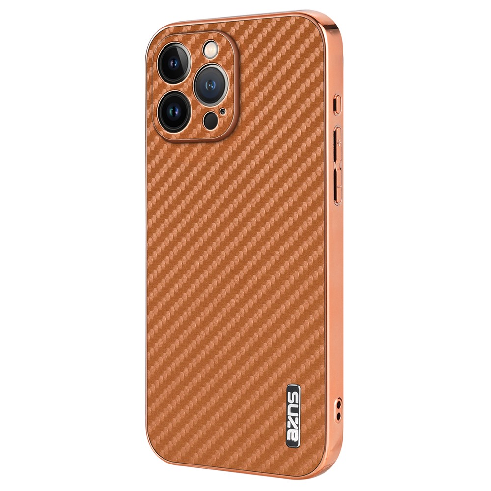 AZNS For iPhone 13 Pro Case Electroplating Carbon Fiber Texture PU+TPU Phone Cover - Brown
