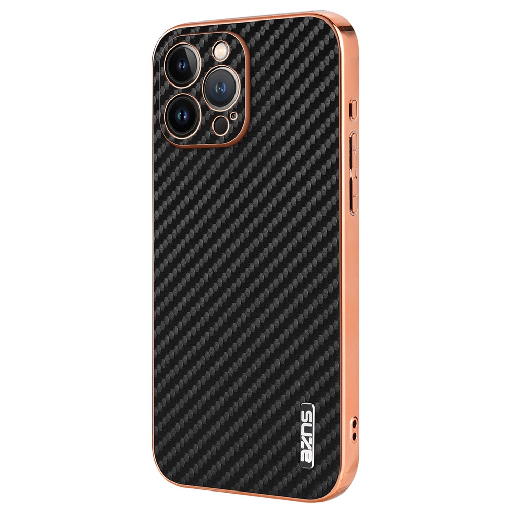 AZNS For iPhone 13 Pro Case Electroplating Carbon Fiber Texture PU+TPU Phone Cover - Black