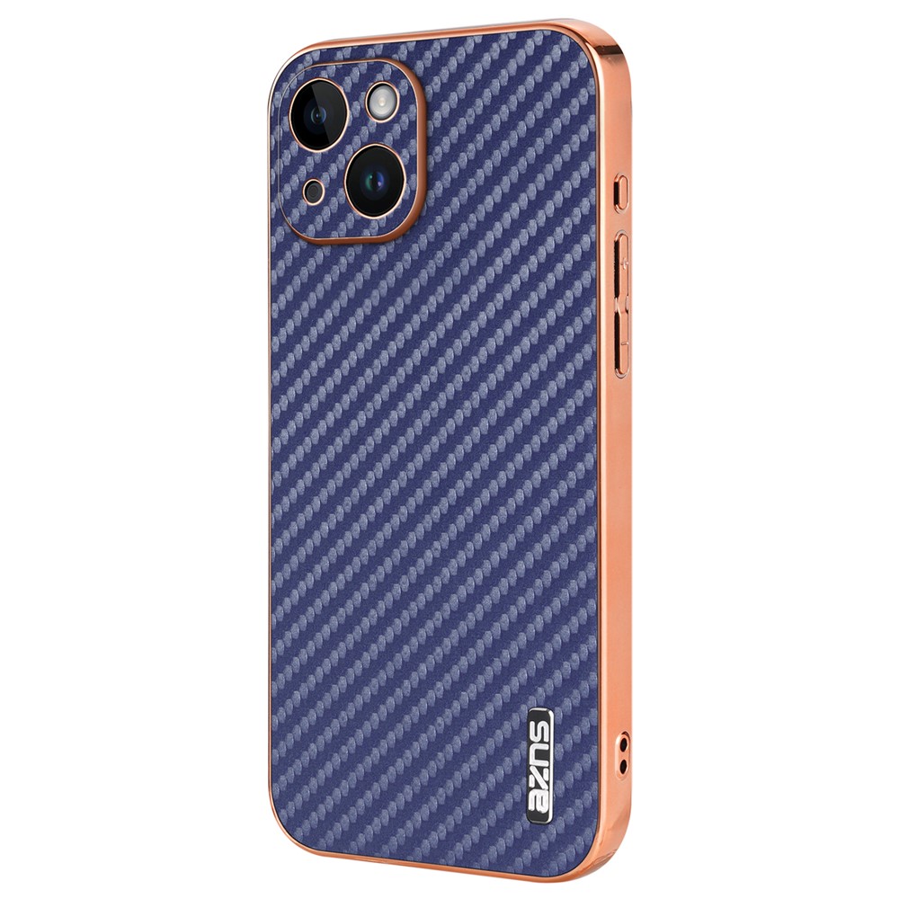 AZNS For iPhone 14 Case Electroplating Carbon Fiber Texture PU+TPU Phone Cover - Blue