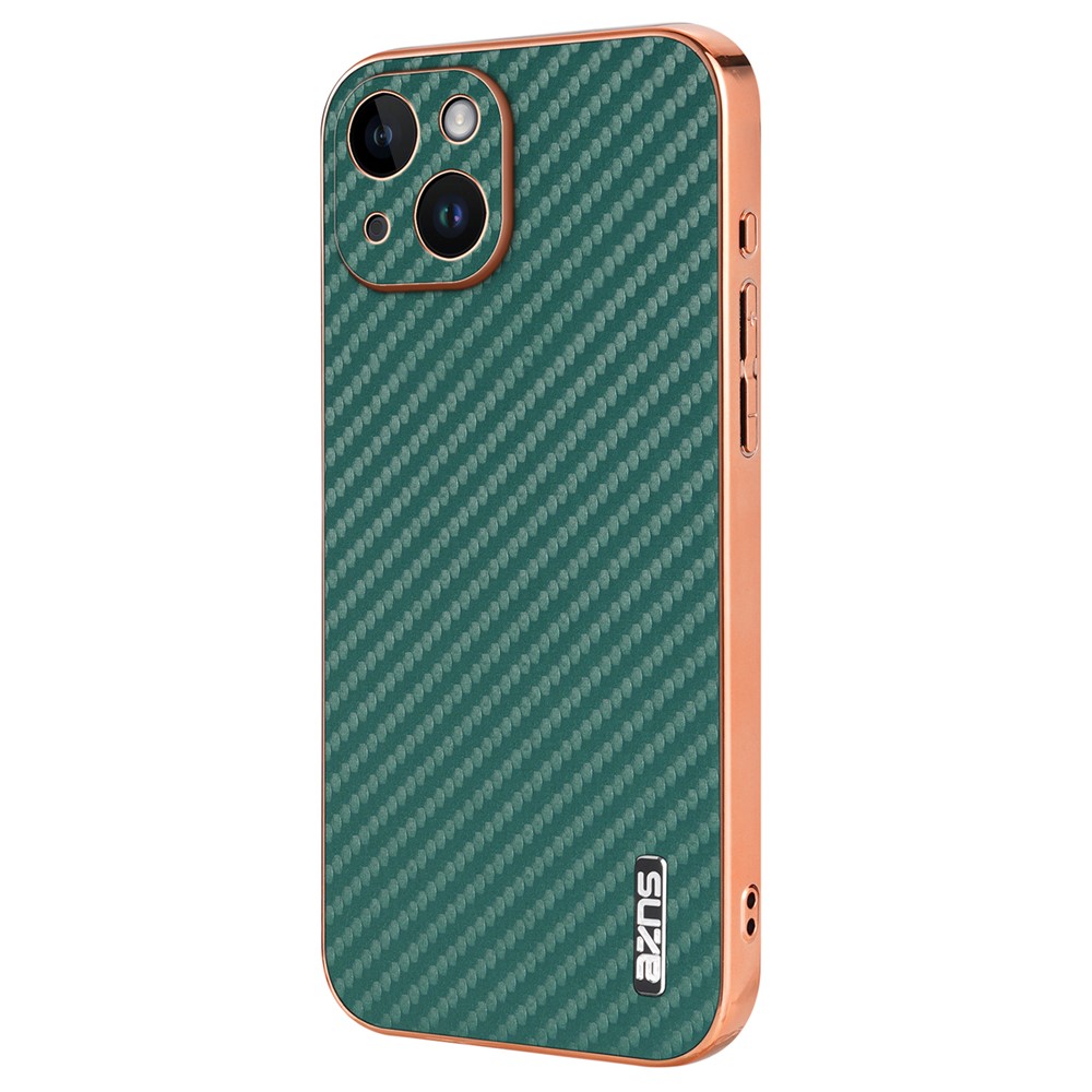 AZNS For iPhone 14 Case Electroplating Carbon Fiber Texture PU+TPU Phone Cover - Green