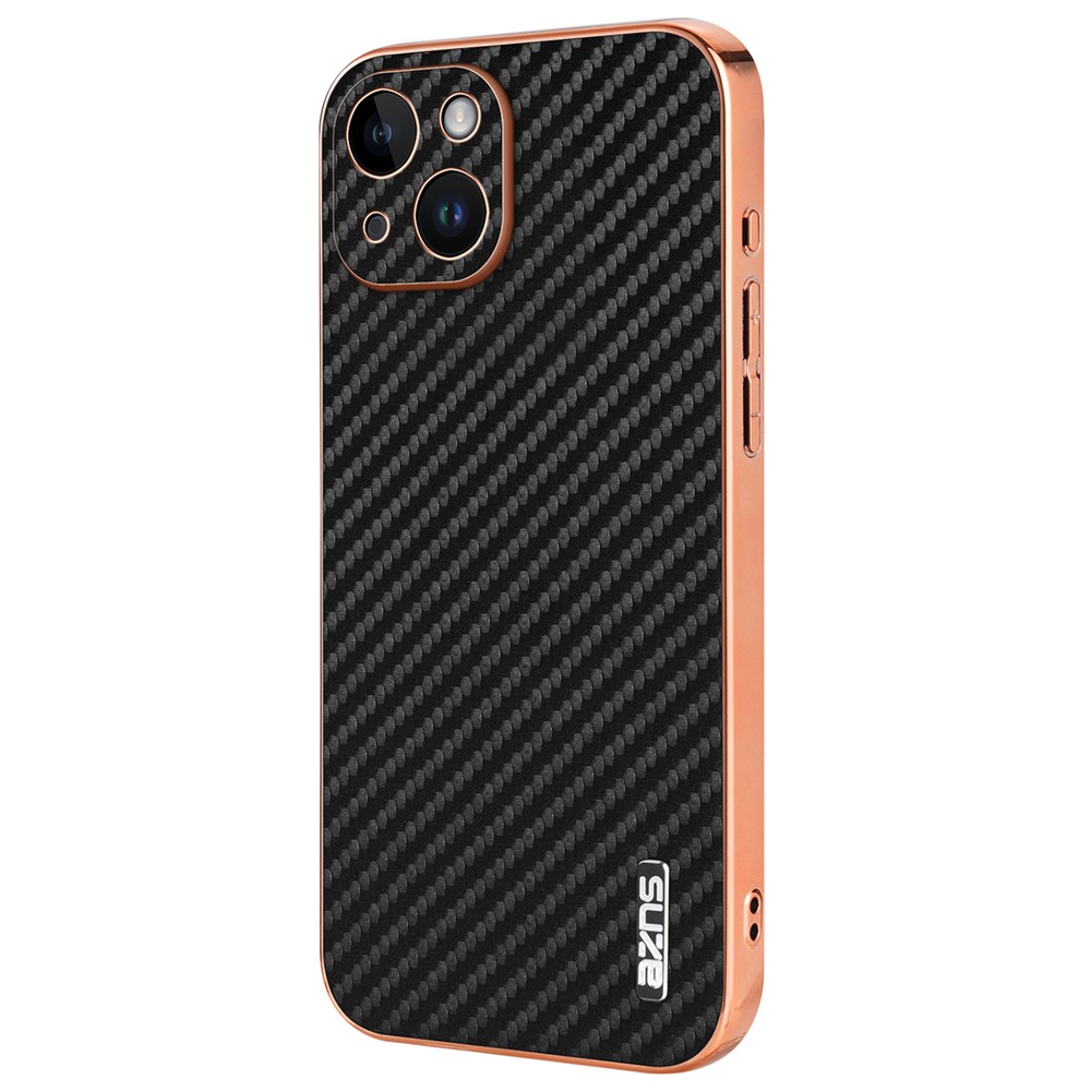 AZNS For iPhone 14 Case Electroplating Carbon Fiber Texture PU+TPU Phone Cover - Black