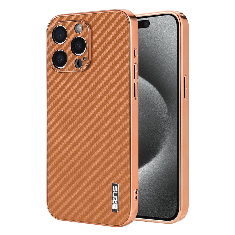 AZNS For iPhone 14 Pro Case Electroplating Carbon Fiber Texture PU+TPU Phone Cover - Brown