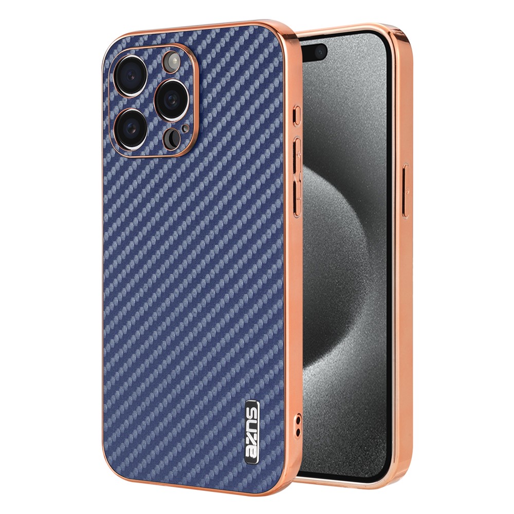 AZNS For iPhone 14 Pro Max Case Electroplating Carbon Fiber Texture PU+TPU Phone Cover - Blue