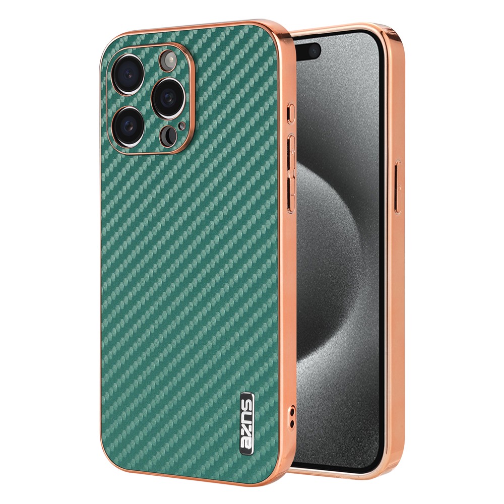 AZNS For iPhone 14 Pro Max Case Electroplating Carbon Fiber Texture PU+TPU Phone Cover - Green