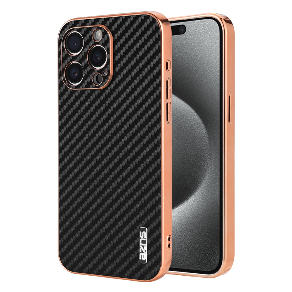 AZNS For iPhone 14 Pro Max Case Electroplating Carbon Fiber Texture PU+TPU Phone Cover - Black