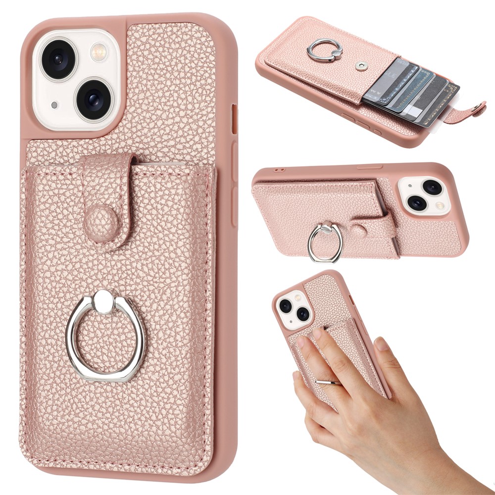 For iPhone 15 Plus / 14 Plus Case Drawing Type Card Slots Litchi Texture Leather Back Cover with Ring Kickstand - Rose Gold