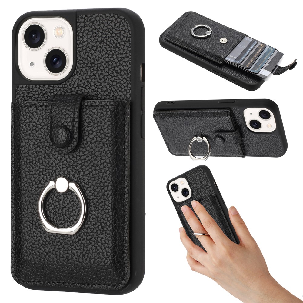 For iPhone 15 Plus / 14 Plus Case Drawing Type Card Slots Litchi Texture Leather Back Cover with Ring Kickstand - Black