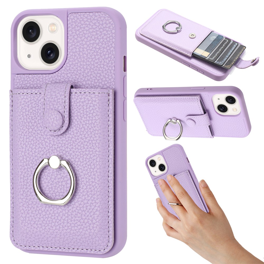For iPhone 15 Plus / 14 Plus Case Drawing Type Card Slots Litchi Texture Leather Back Cover with Ring Kickstand - Purple