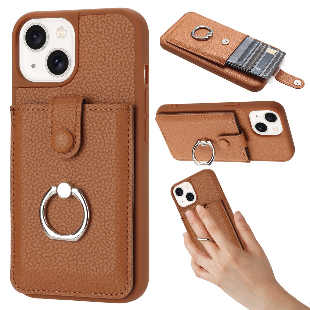 For iPhone 15 Plus / 14 Plus Case Drawing Type Card Slots Litchi Texture Leather Back Cover with Ring Kickstand - Brown