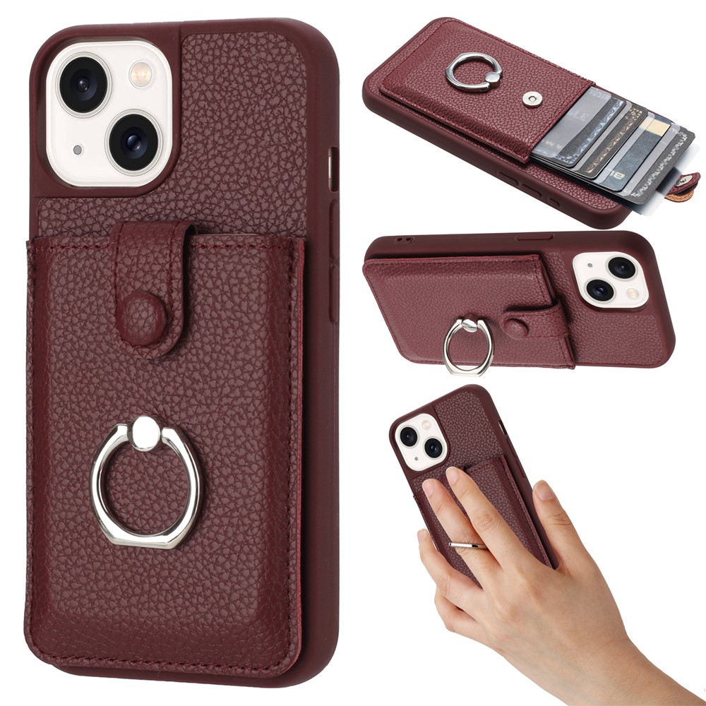 For iPhone 14 / 13 Case Drawing Type Card Slots Litchi Texture Leather Back Cover with Ring Kickstand - Wine Red