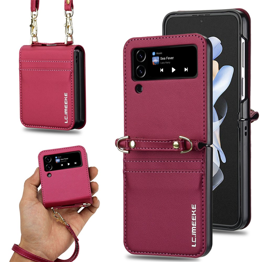 LC.IMEEKE L1 for Samsung Galaxy Z Flip3 5G Case Leather+PC Phone Cover with Straps Card Slots - Red