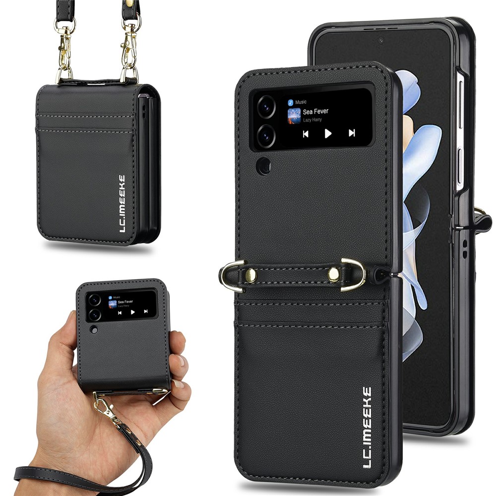 LC.IMEEKE L1 for Samsung Galaxy Z Flip3 5G Case Leather+PC Phone Cover with Straps Card Slots - Black