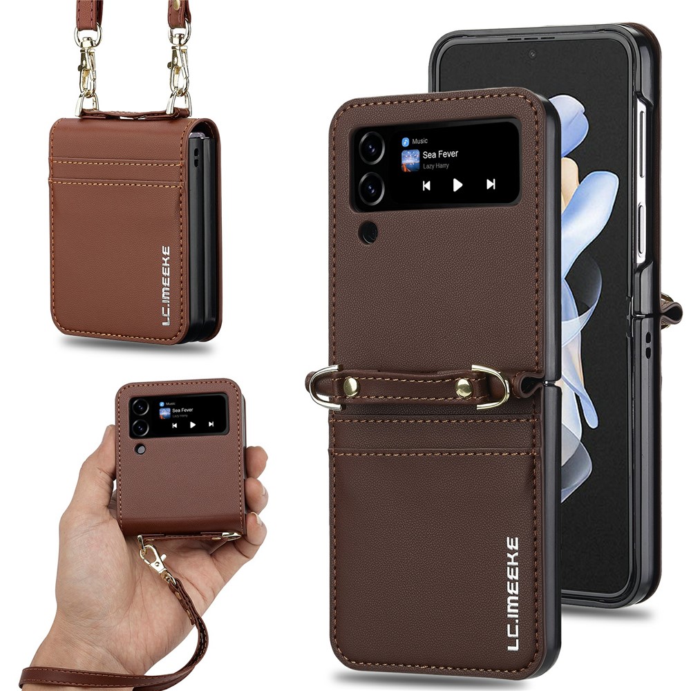 LC.IMEEKE L1 for Samsung Galaxy Z Flip3 5G Case Leather+PC Phone Cover with Straps Card Slots - Brown