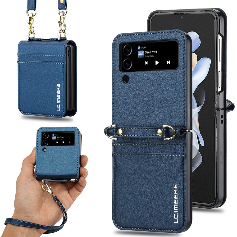 LC.IMEEKE L1 for Samsung Galaxy Z Flip4 5G Case Leather+PC Phone Cover with Straps Card Slots - Blue
