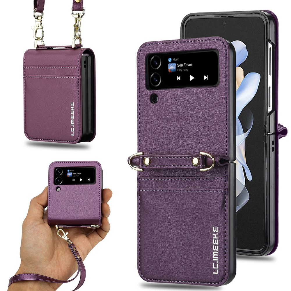 LC.IMEEKE L1 for Samsung Galaxy Z Flip4 5G Case Leather+PC Phone Cover with Straps Card Slots - Purple
