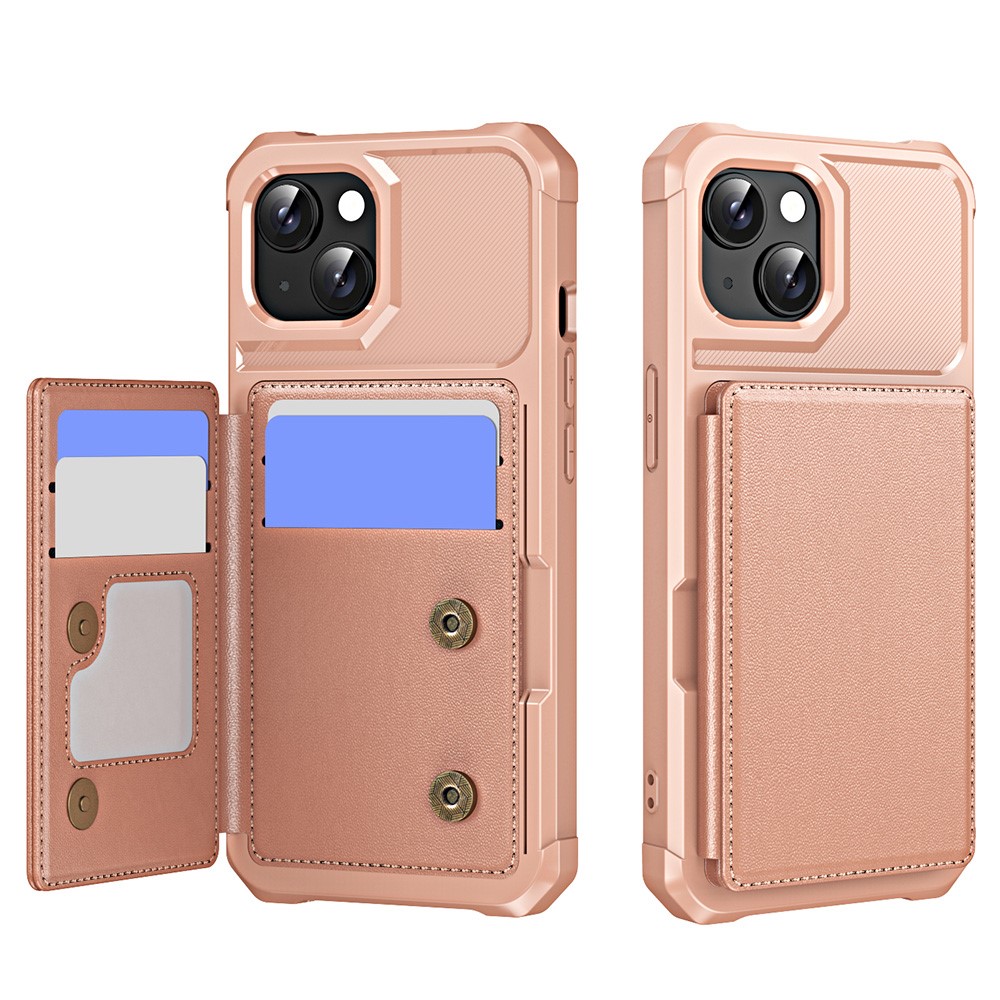 For iPhone 15 Case Card Slot Kickstand Leather+TPU Reinforced Corner Phone Cover - Rose Gold