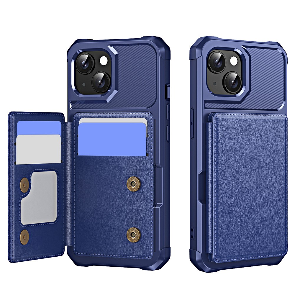 For iPhone 15 Case Card Slot Kickstand Leather+TPU Reinforced Corner Phone Cover - Dark Blue