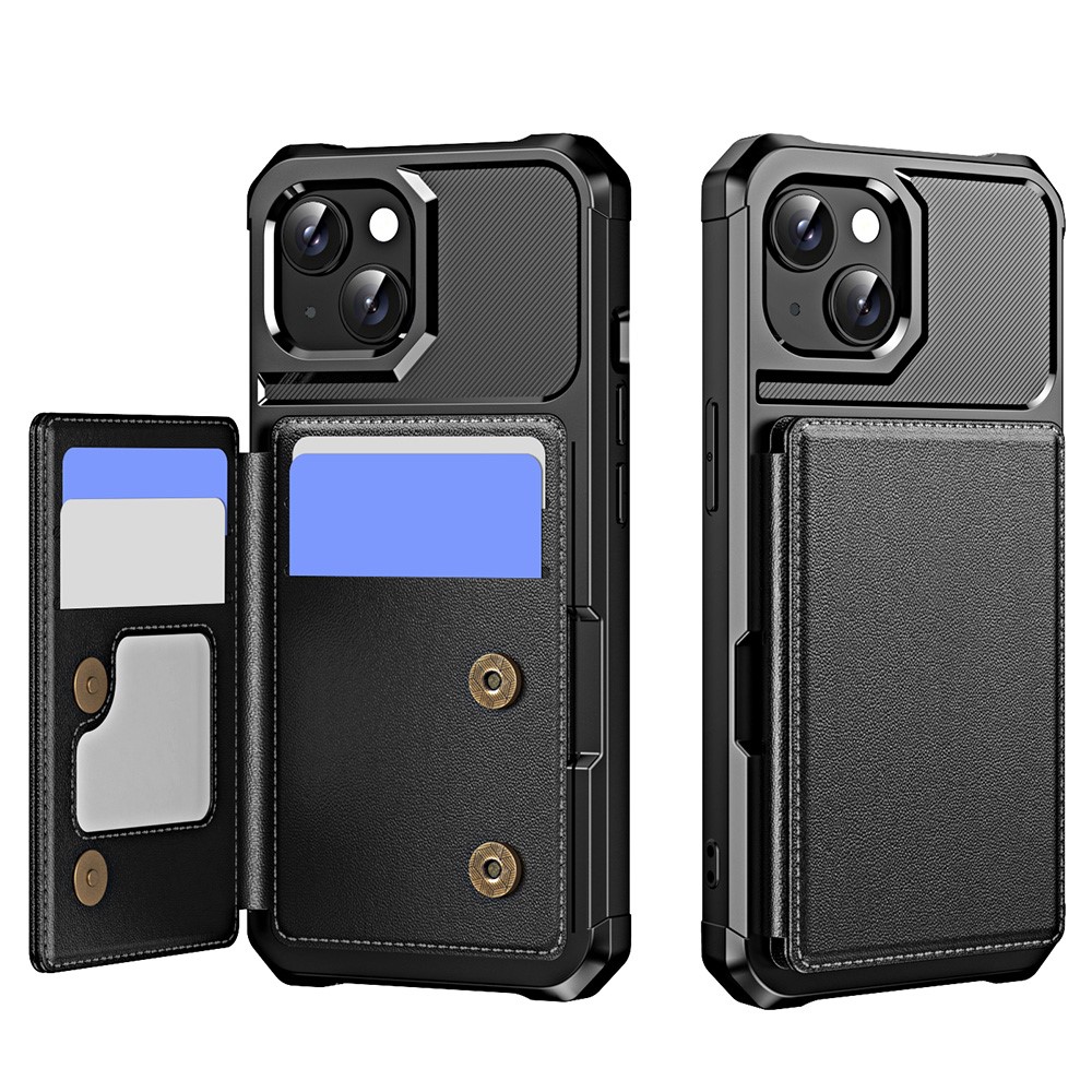 For iPhone 15 Plus Case Card Slot Kickstand Leather+TPU Reinforced Corner Phone Cover - Black