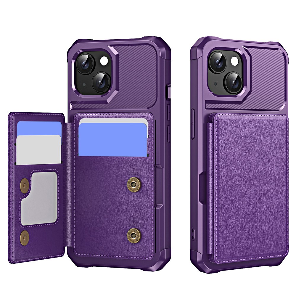 For iPhone 15 Plus Case Card Slot Kickstand Leather+TPU Reinforced Corner Phone Cover - Purple
