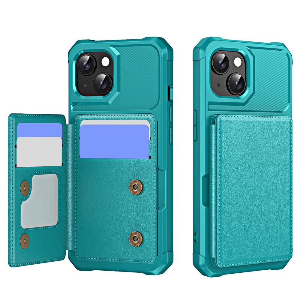 For iPhone 15 Plus Case Card Slot Kickstand Leather+TPU Reinforced Corner Phone Cover - Green