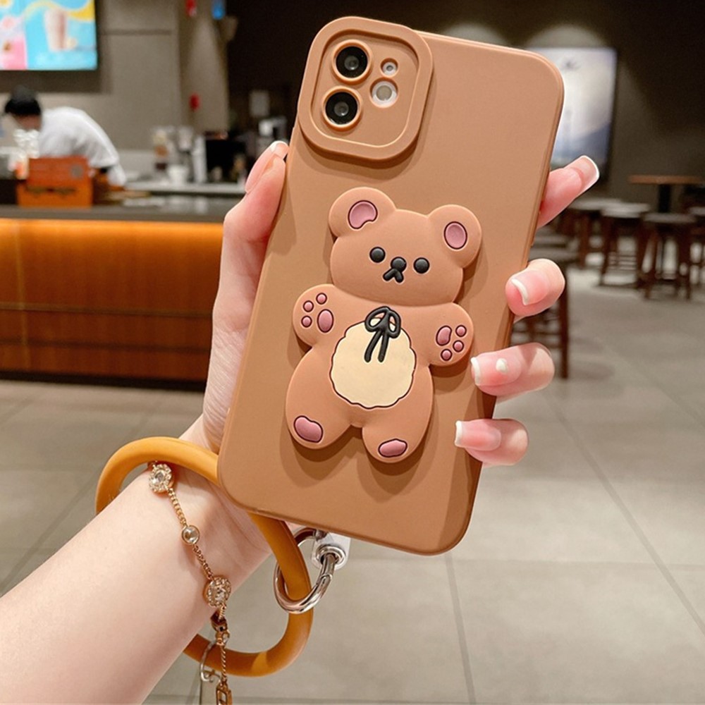 For iPhone 12 Case Cute 3D Bear TPU Phone Cover with Wrist Ring - Brown