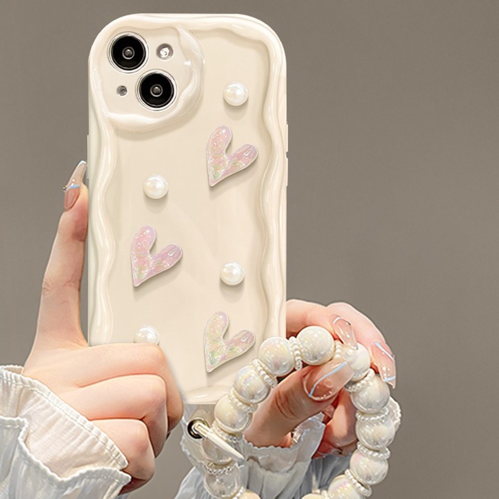 For iPhone 14 Case 3D Heart Design TPU Phone Cover with Laser Beaded Strap - White