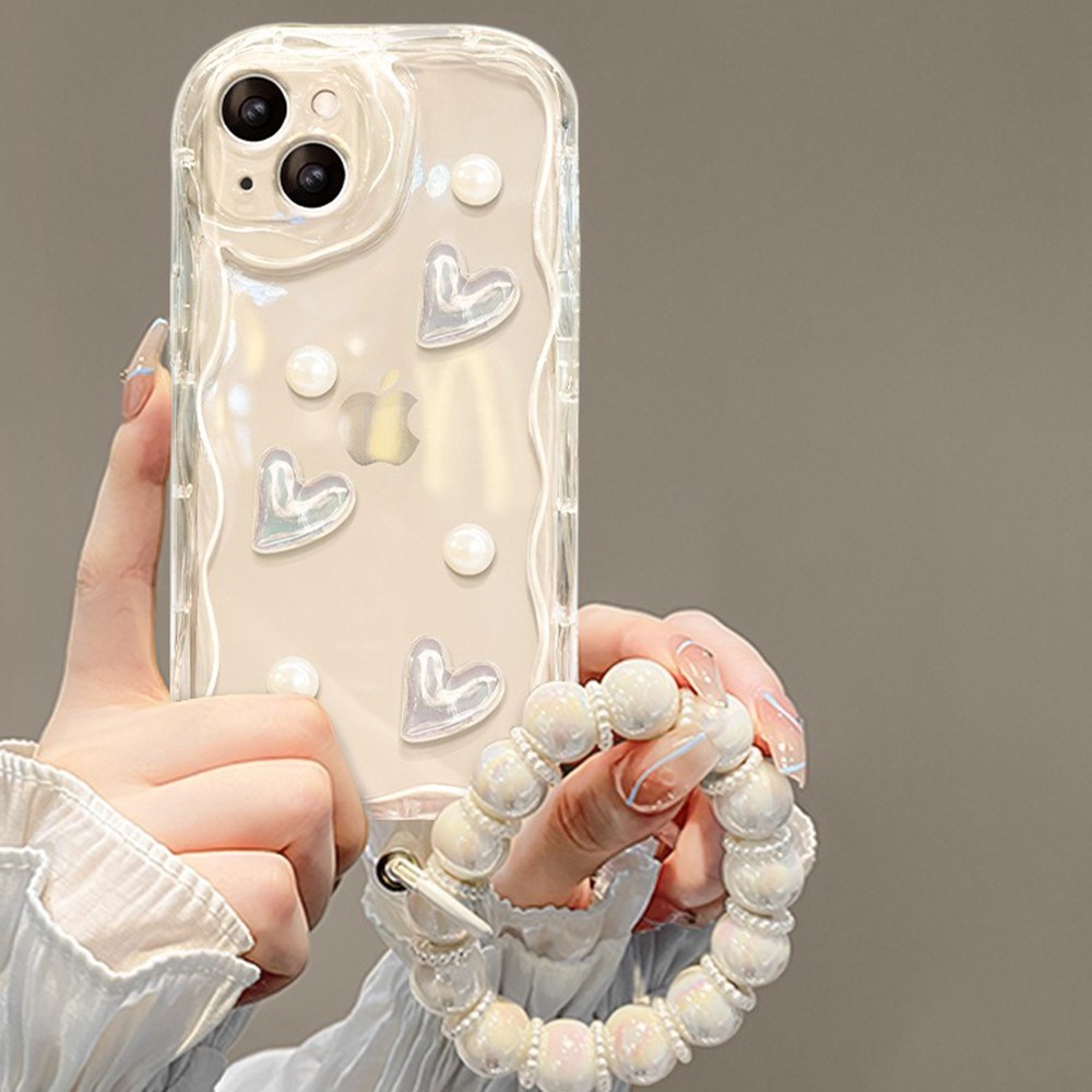 For iPhone 14 Case 3D Heart Design TPU Phone Cover with Laser Beaded Strap - Transparent