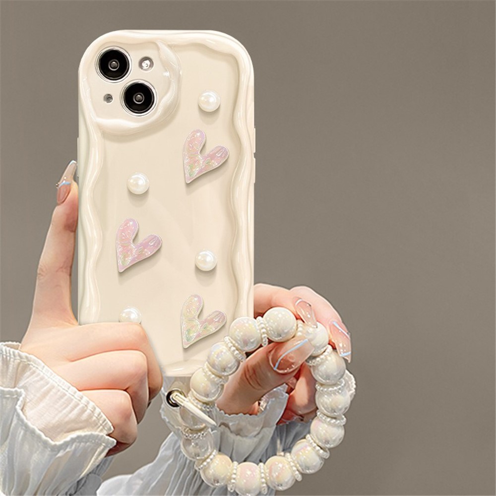 For iPhone 15 Case 3D Heart Design TPU Phone Cover with Laser Beaded Strap - White