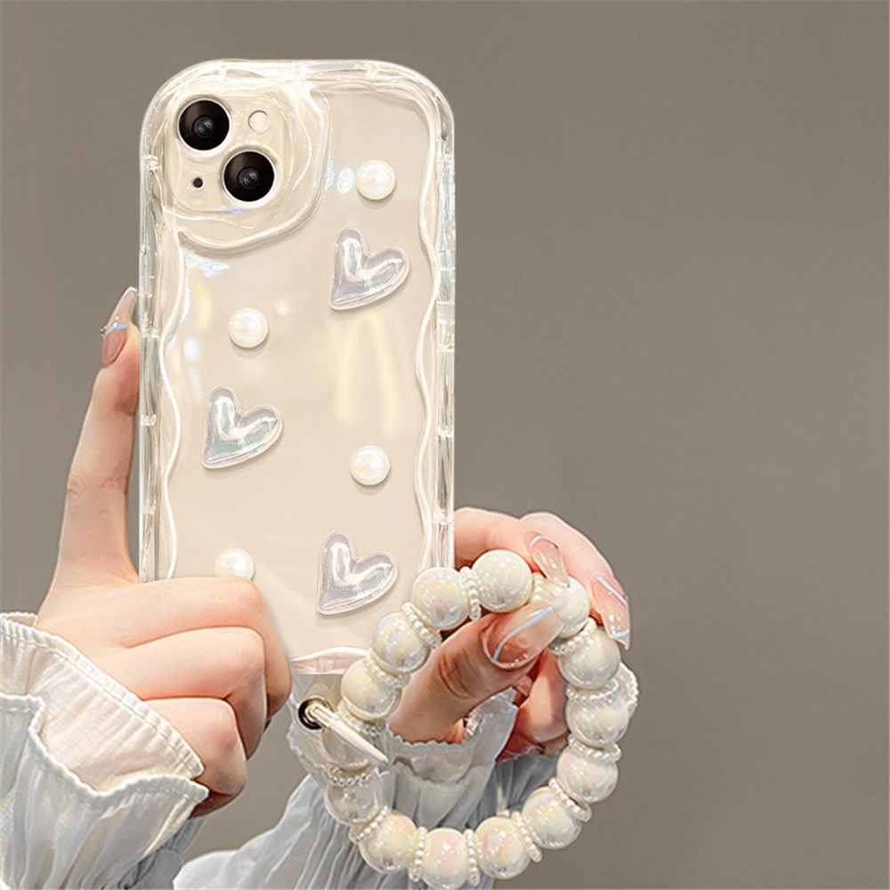 For iPhone 15 Case 3D Heart Design TPU Phone Cover with Laser Beaded Strap - Transparent