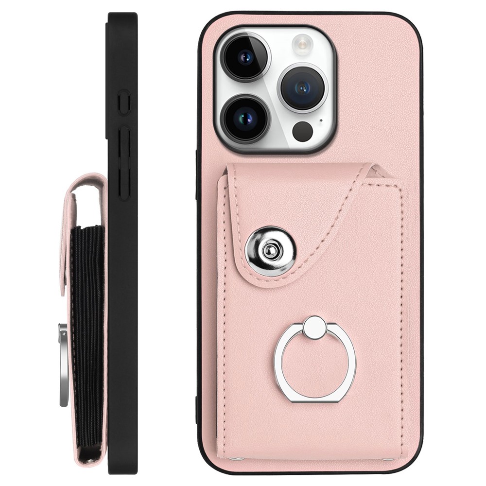 For iPhone 16 Pro Max Case YB Leather Coating Series-7 Card Holder Leather TPU Phone Cover with Kickstand - Pink