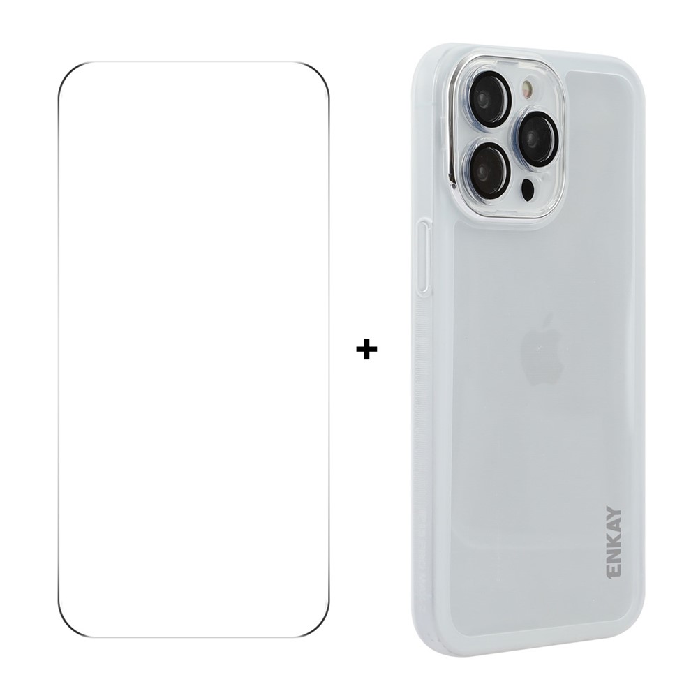 For iPhone 14 Pro Max ENKAY HAT PRINCE Case Matte TPU Phone Cover with Lens Film + 9H Glass Protector - White