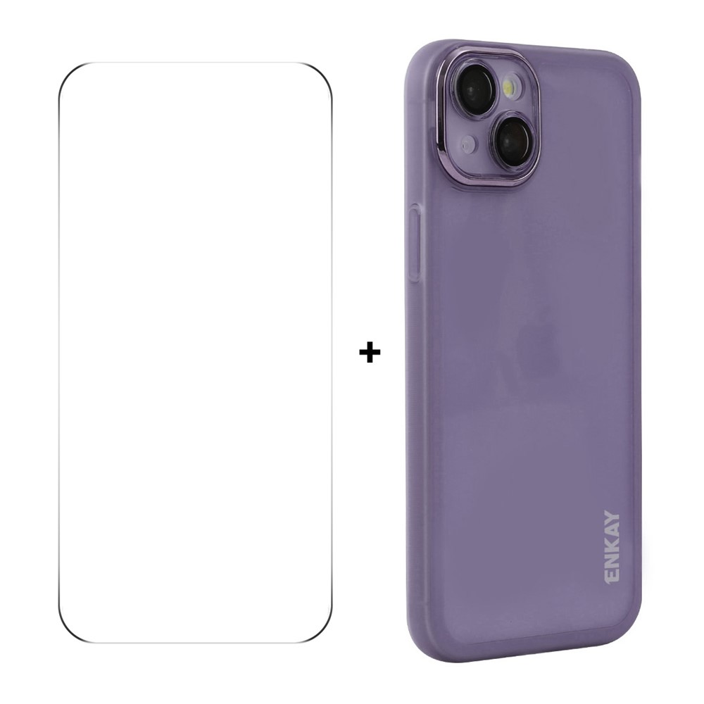 For iPhone 14 ENKAY HAT PRINCE Case Matte TPU Phone Cover with Lens Film + 9H Glass Protector - Purple