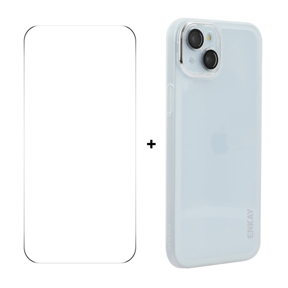 For iPhone 15 Plus ENKAY HAT PRINCE Case Matte TPU Phone Cover with Lens Film + 9H Glass Protector - White