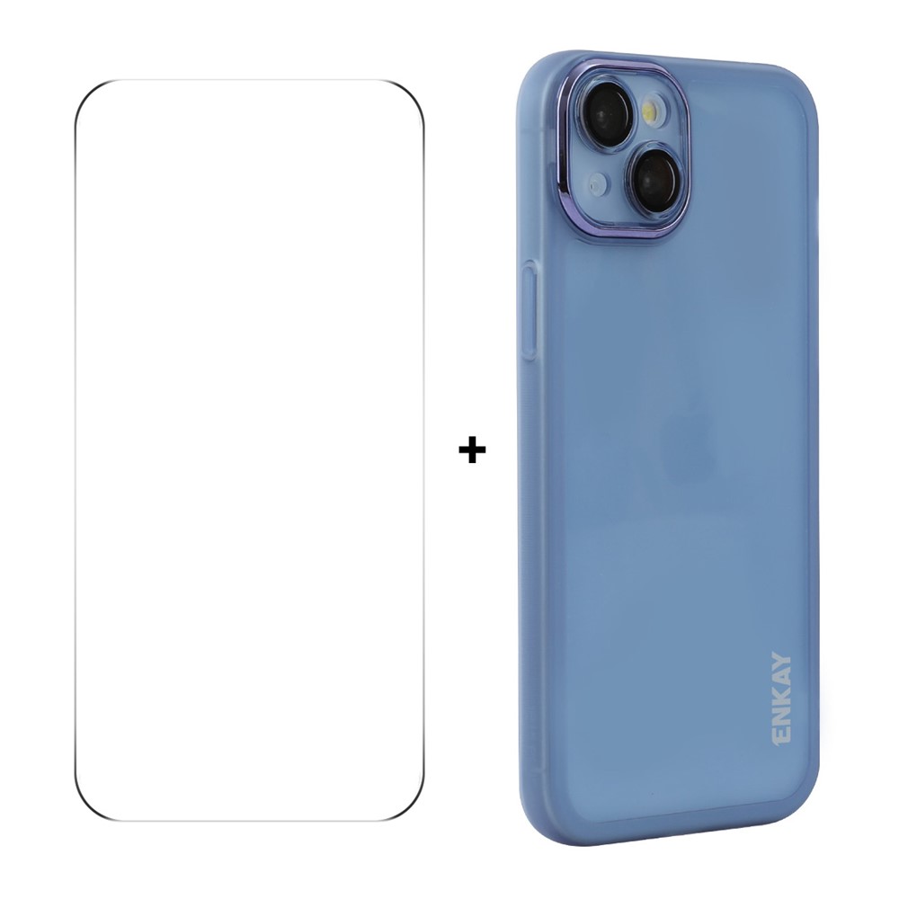For iPhone 15 Plus ENKAY HAT PRINCE Case Matte TPU Phone Cover with Lens Film + 9H Glass Protector - Blue