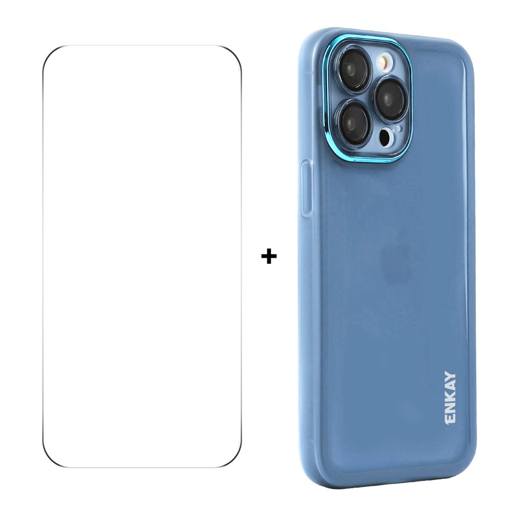 For iPhone 16 Pro ENKAY HAT PRINCE Case Matte TPU Phone Cover with Lens Film + 9H Glass Protector - Blue