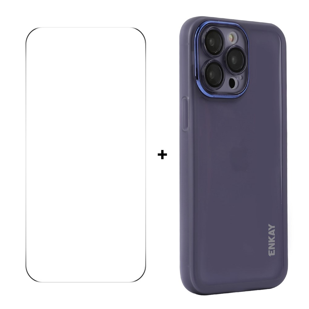 For iPhone 16 Pro ENKAY HAT PRINCE Case Matte TPU Phone Cover with Lens Film + 9H Glass Protector - Purple