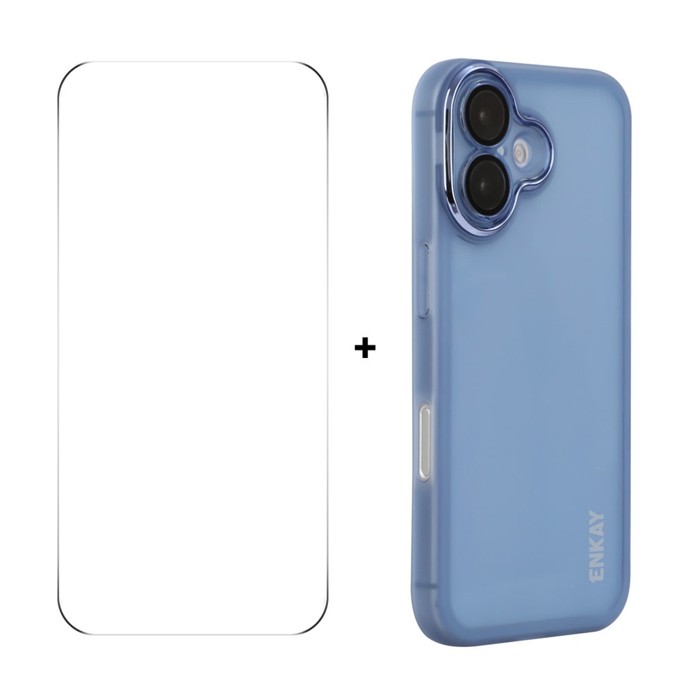 For iPhone 16 Plus ENKAY HAT PRINCE Case Matte TPU Phone Cover with Lens Film + 9H Glass Protector - Blue
