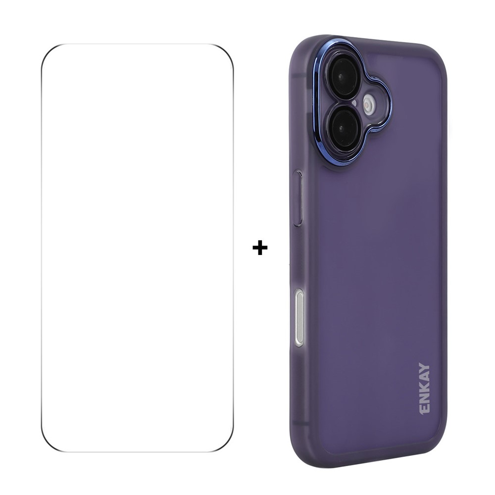 For iPhone 16 Plus ENKAY HAT PRINCE Case Matte TPU Phone Cover with Lens Film + 9H Glass Protector - Purple