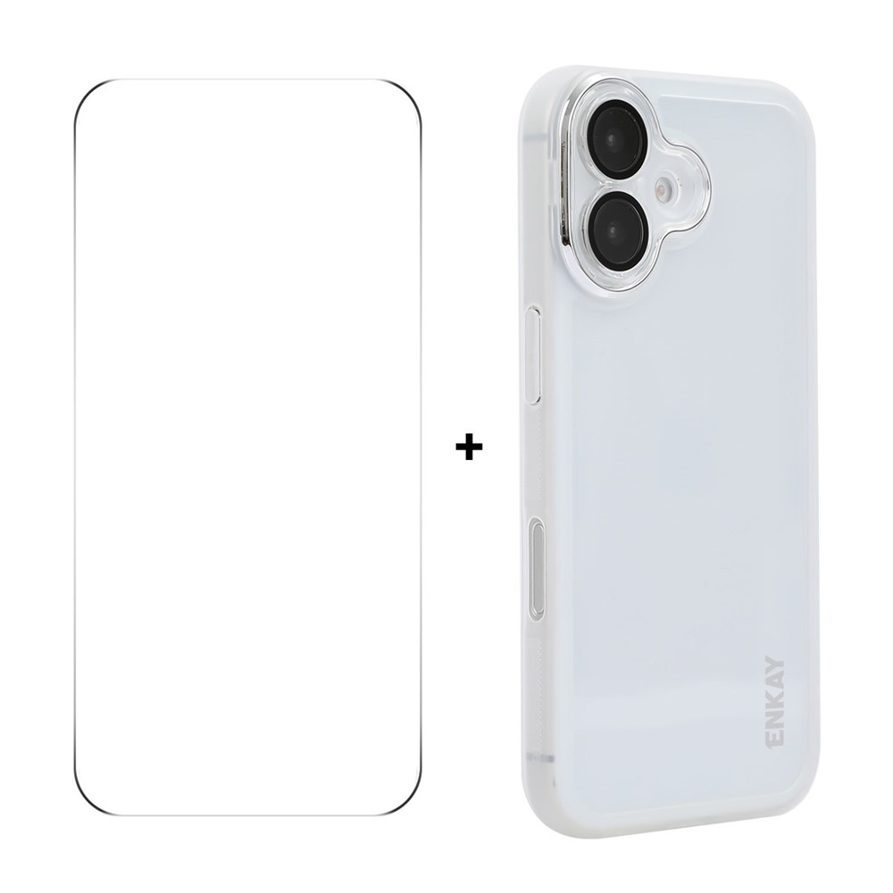 For iPhone 16 ENKAY HAT PRINCE Case Matte TPU Phone Cover with Lens Film + 9H Glass Protector - White