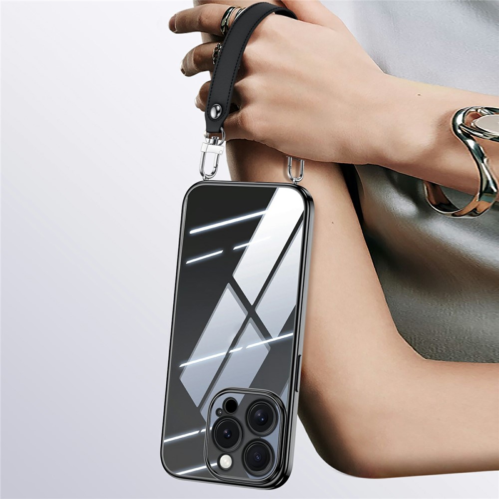 SULADA For iPhone 14 Pro Max Case Electroplating Ultra Clear Soft TPU Phone Cover with PU Wrist Strap - Black