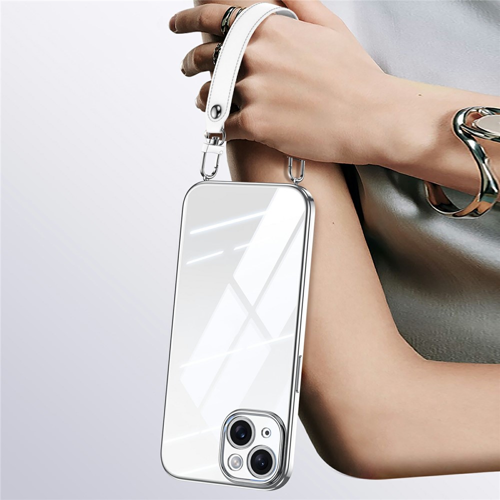 SULADA For iPhone 14 Case Electroplating Ultra Clear Soft TPU Phone Cover with PU Wrist Strap - White