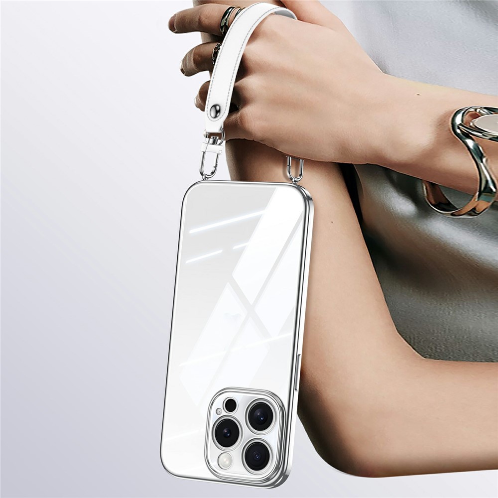 SULADA For iPhone 14 Pro Case Electroplating Ultra Clear Soft TPU Phone Cover with PU Wrist Strap - White