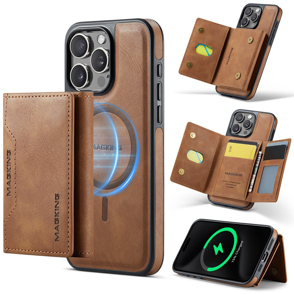 MAGKING K2 Series For iPhone 13 Pro Case Compatible with MagSafe PC+TPU+PU Leather RFID Blocking Phone Cover with Wallet - Brown