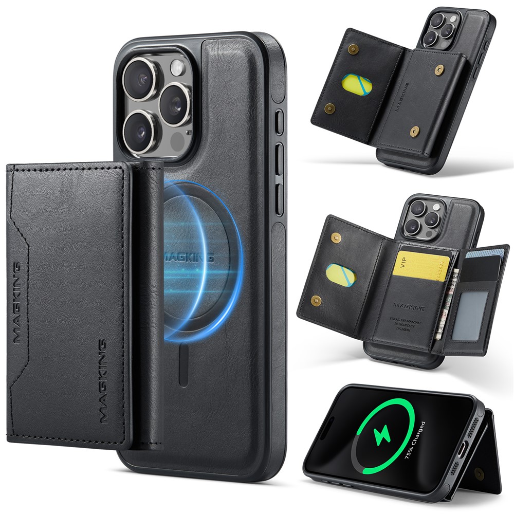 MAGKING K2 Series For iPhone 13 Pro Max Case Compatible with MagSafe PC+TPU+PU Leather RFID Blocking Phone Cover with Wallet - Black