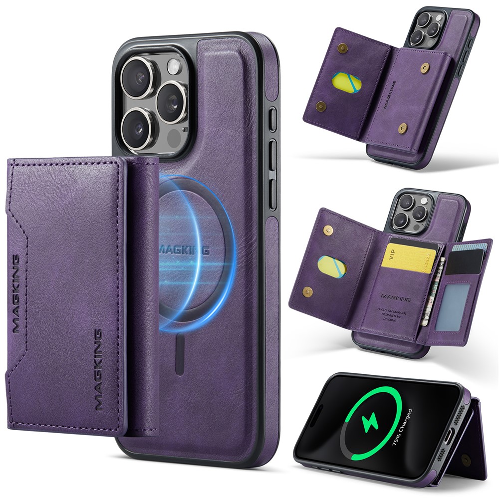 MAGKING K2 Series For iPhone 14 Pro Case Compatible with MagSafe PC+TPU+PU Leather RFID Blocking Phone Cover with Wallet - Purple