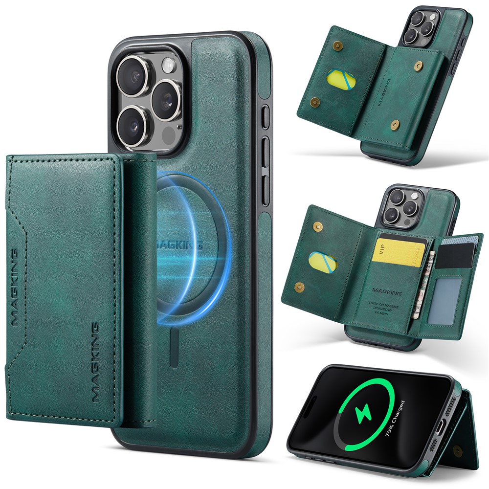 MAGKING K2 Series For iPhone 14 Pro Case Compatible with MagSafe PC+TPU+PU Leather RFID Blocking Phone Cover with Wallet - Green