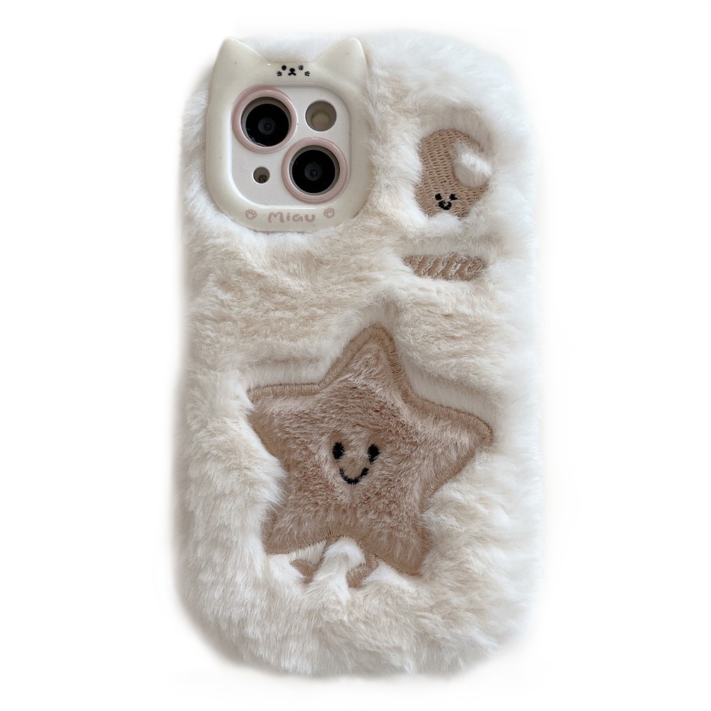 For iPhone 15 Case Embroidered Star Moon Warm Plush TPU Phone Cover - White