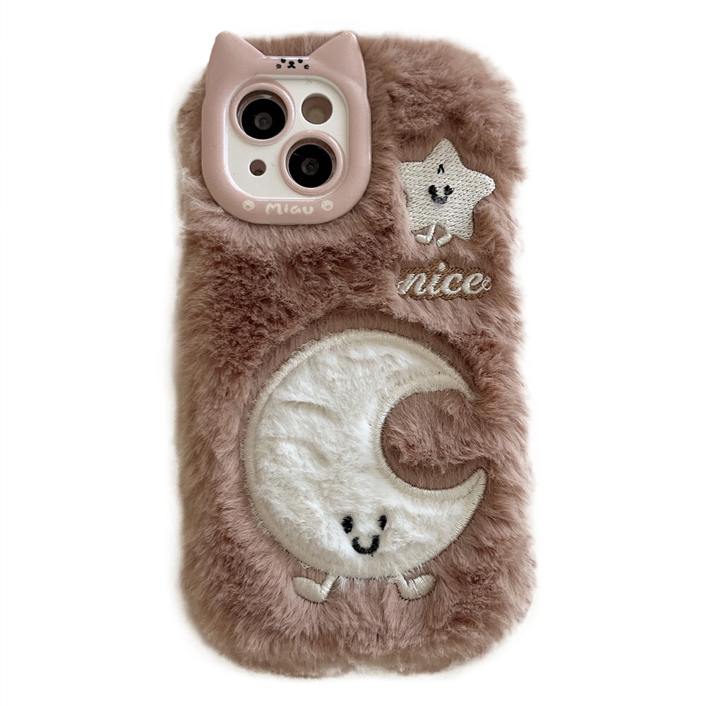 For iPhone 15 Case Embroidered Star Moon Warm Plush TPU Phone Cover - Brown